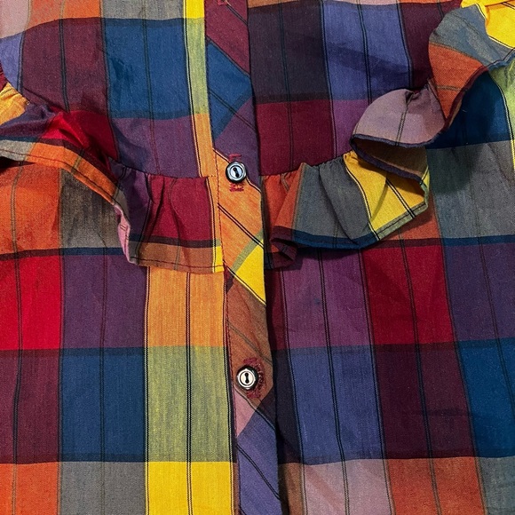 Vintage 70s Plaid Puff Sleeve Ruffle Bib Button down by Hocus Pocus - Picture 2 of 5